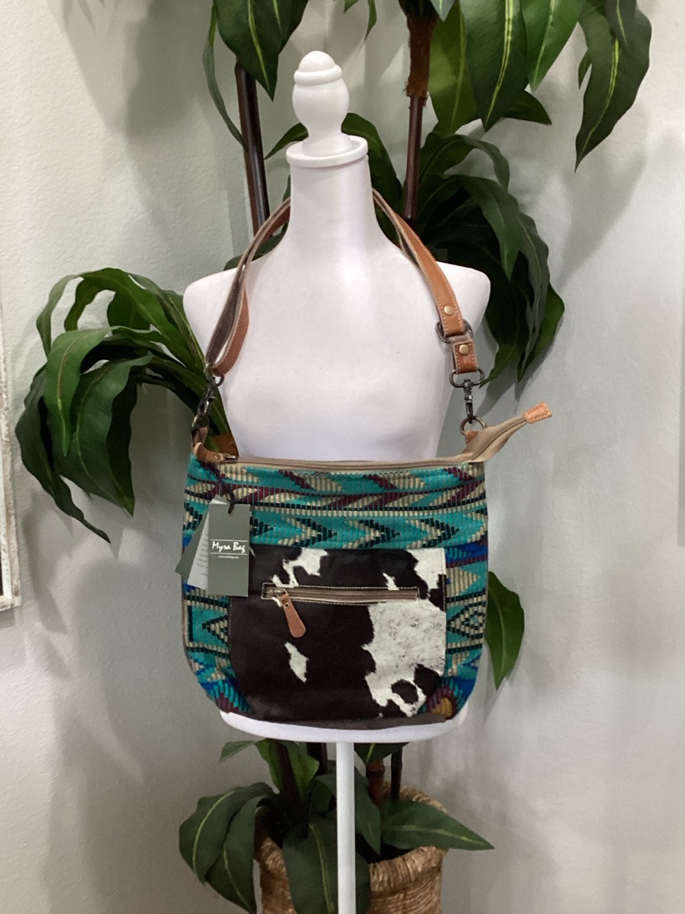 Myra Bag Teal Aztec Cowhide Shoulder‎ Bag with Brown Leather Strap
